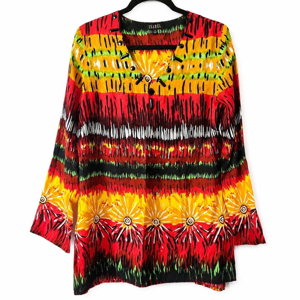Isabel Top Womens M Colorful Tribal Abstract Floral Beaded Beachy Boho Festival